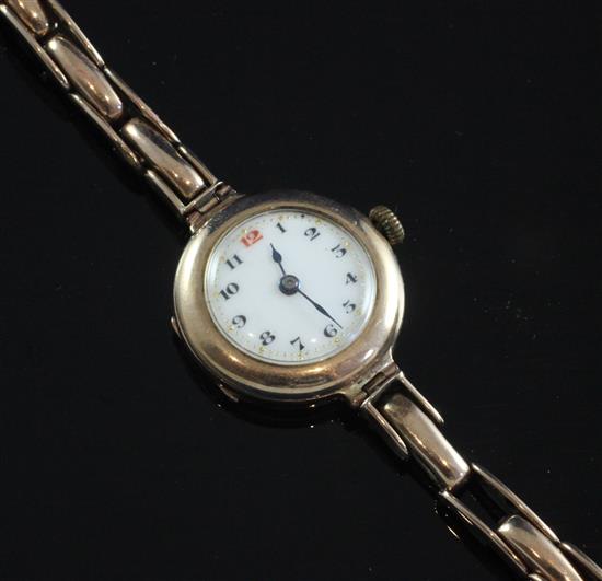 A George V 9ct gold manual wind wrist watch,